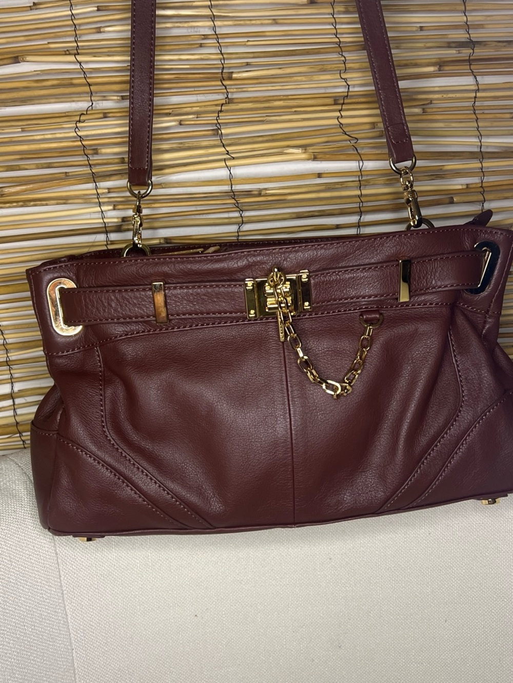 Rachel Zoe Burgundy Leather crossbody Bag with Gold Chain Detail
